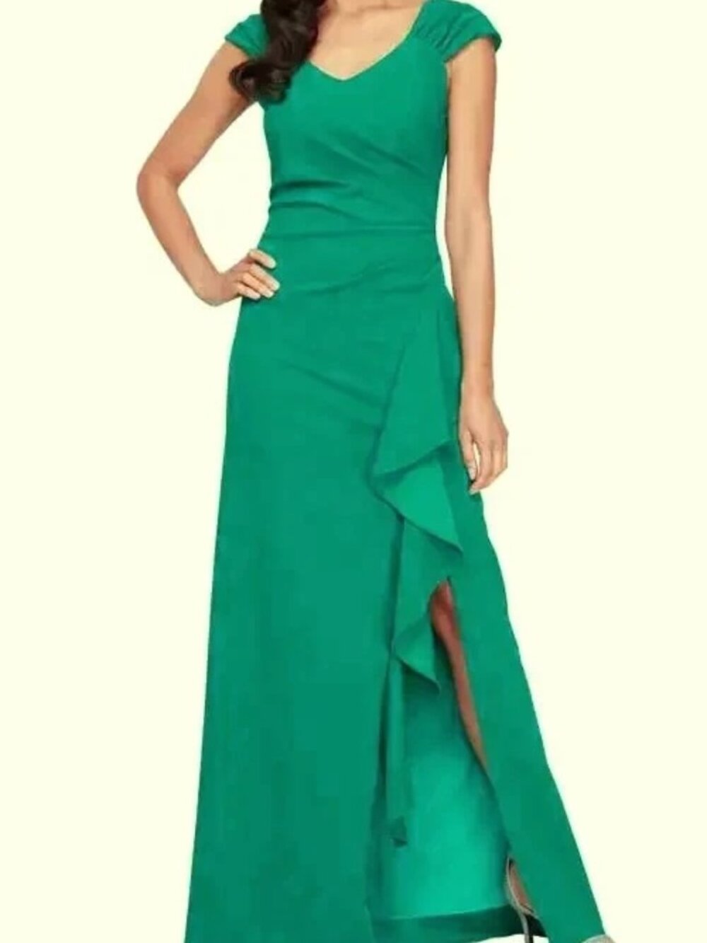 Eliza J Jade Green Ruffle Front Sleeveless Ruched Dress Gown